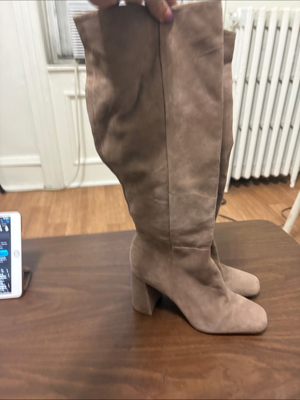 Sam Edelman Knee-High Suede Block Heel Boots - Taupe
